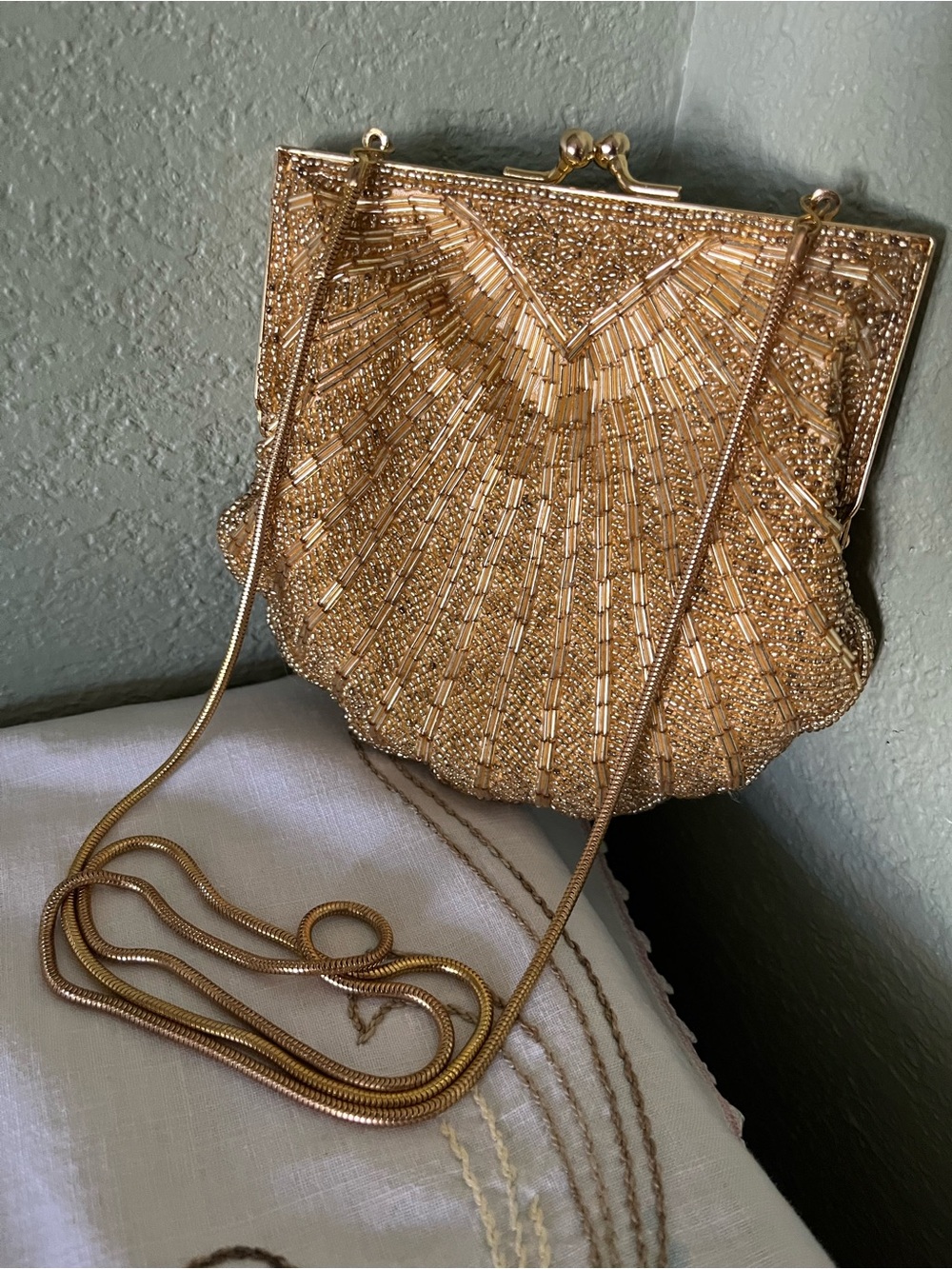 Vintage Partners Mervyn’s Gold Beaded Shell Evening Bag Clutch Crossbody